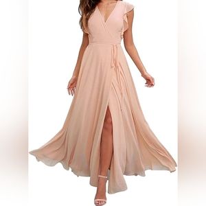 Bridesmaid Dress Pink Chiffon V Neck Sleeveless A Line Floor Length Tie Wrap